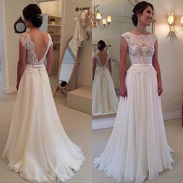 country A Line Backless boho Wedding Dresses Bateau Neckline Lace Chiffon Floor Length Sweep Train Beach sarahbridal Bridal Gowns