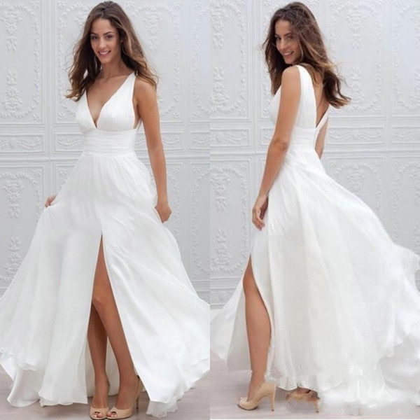 New Summer Beach Boho Wedding Dresses A Line Sexy V Neck Split Long Chiffon Bridal Gowns Bohemian