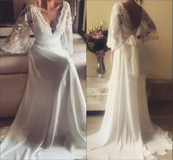 Bohemian Wedding Dresses Illusion Lace Bridal Gown Backless Long Sleeve Deep V Neck Wedding Gowns Boho Chiffon Plus Size Beach Bridal D