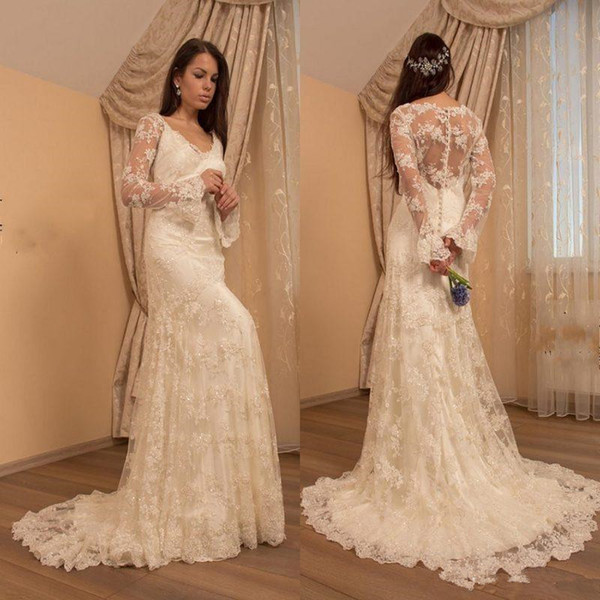 Vintage Spring Mermaid Lace Wedding Dresses Long Sleeve See Through Beaded Court Train Vestidos De Novia Trumpet Bridal Gowns