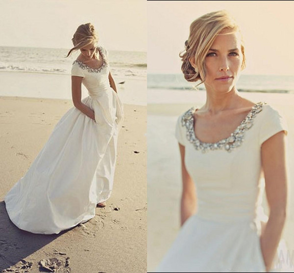 Modern Wedding Dresses with Pockets and Short Sleeves Scoop Beading White Taffeta Cheap Spring Beach Wedding Bridal Gowns Custom Made