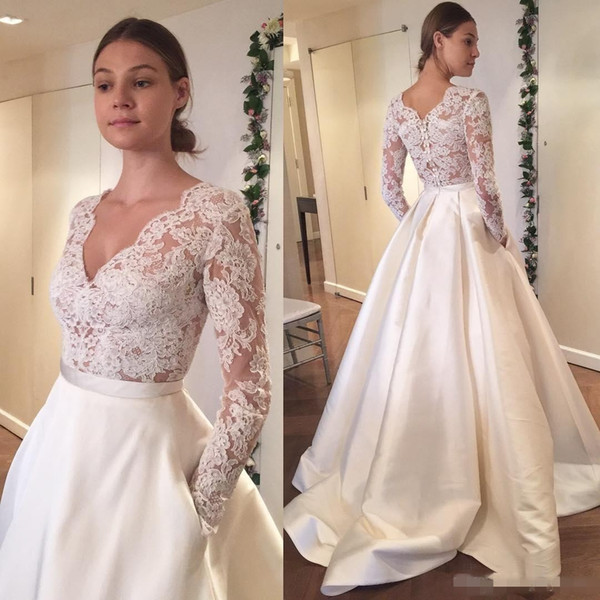 Vintage Cheap Wedding Dresses Long Sleeve Lace Applique A Line Bridal Gowns Plus Size Satin Wedding Dress