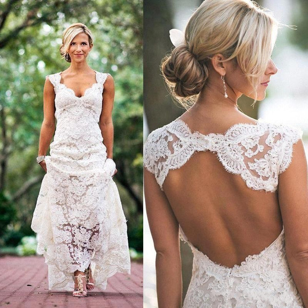 Full Lace Wedding Dresses Country Style Pluging V-neck Cap Sleeves Keyhole Back A Line Vintage Custom Made Bridal Gowns Vestios