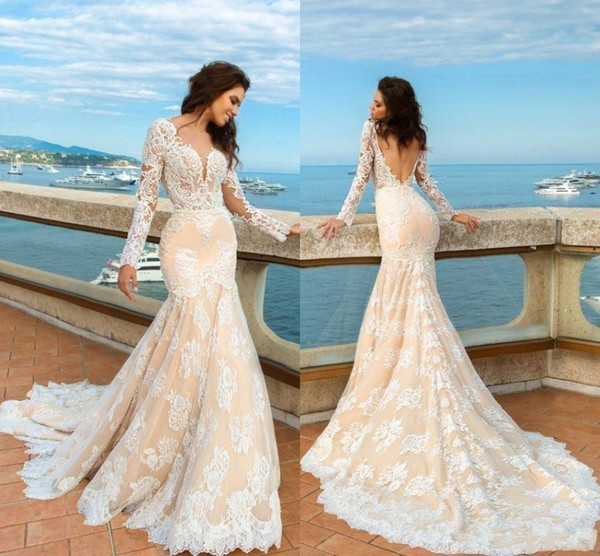 Champagne Mermaid Lace Wedding Dresses Long Sleeves Beach Boho Elegant Backless Fitted Sweetheart Bridal Gowns with Sweep Train