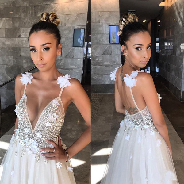 sarahbridal Hot sexy v neck Backless Spaghetti Straps Backless Beach boho wedding dresses Flowers Beads Sexy garden party Bridal Gown