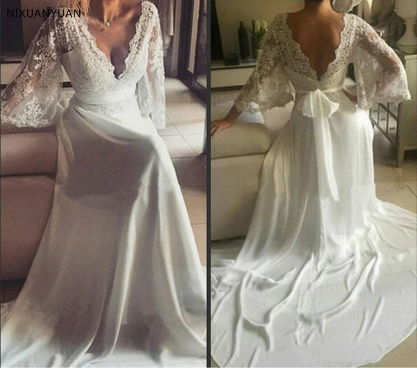 Vintage Modest Beach Wedding Dresses with Long Sleeves Bohemian Lace Chiffon Wedding Gowns Country Bridal Wedding Dress