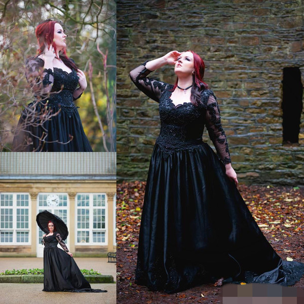 Gothic Long Sleeve Black Wedding Dresses Sweetheart Neck A Line Sweep Train Satin Appliques Church Garden Bridal Gown Custom Made