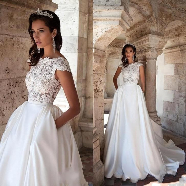 New Vintage A-line Wedding Dresses with Pockets Bateau Neck Cap Sleeves Lace Appliques Backless Satin Court Train Bridal Gowns