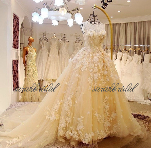 new garden yellow Lace Wedding Dresses Bridal Gowns flowers Tulle Sweetheart lace up Back custom made Ball Gown long train Blush Pink