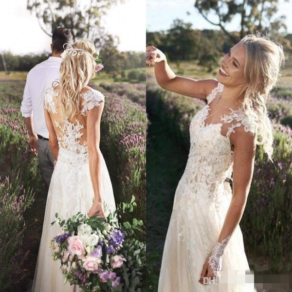 Vintage Beach Garden Wedding Dresses Lace Pleated Sheer Neck A Line Tulle Bridal Gowns Custom Made