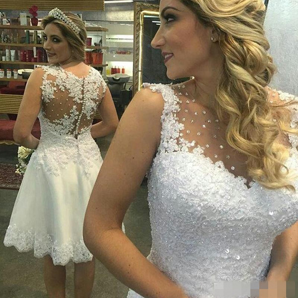 Elegant Knee Length Wedding Dresses Jewel Neck Appliques Lace Beaded Sleeveless Country Boho Style Bridal Gowns Cheap