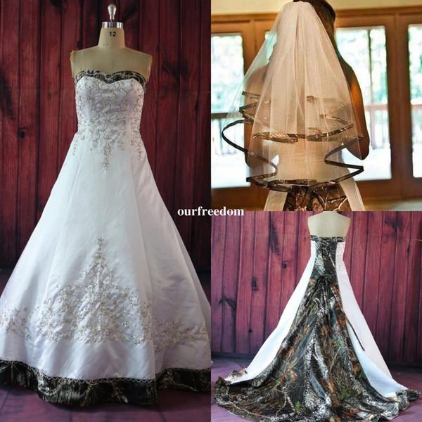 Elegant A Line Camo Wedding Dresses Embroidery Beaded Lace Up Court Train Plus Size Vintage Country Garden Bridal Wedding Gowns With Veils