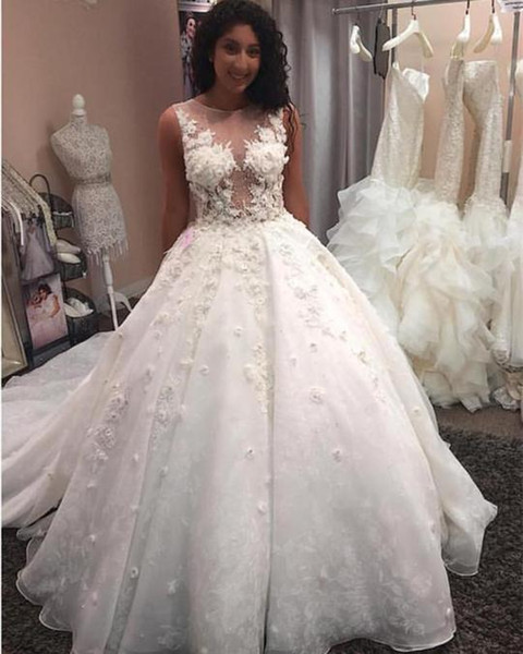 Gorgous Sheer Jewel Neck A Line Wedding Dresses 3D Flora Appliques Puffy Tulle Sweep Train Church Castle Wedding Dresses Bridal Gown