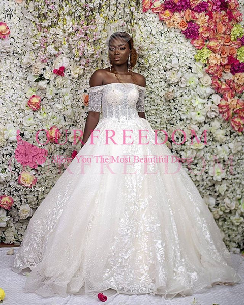 South Africa Style Off The Shoulder A Line Wedding Dresses Short Sleeve Crystal Appliques Floor Length Country Style Bridal Gown