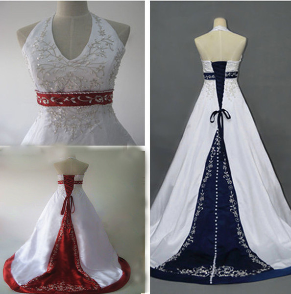 Real Image Halter Neck Wedding Dresses Stain Embroidery A Line Sweep Train Bridal Gown Custom Made Outdoor Garden Style