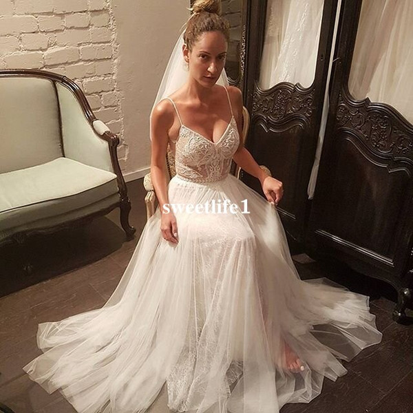 Gali Karten Sexy Spaghetti Strpa Weddig Dresses Lace Pearls Floor Length A Line Bridal Gown Custom Made Hot Sale