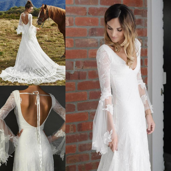 New White Bohemian Tulle Lace Wedding Dresses Long Sleeve V Neck Sweep Train Backless Gothic Bridal Gown