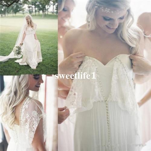 Boho Chiffon Wedding Dresses V Neck Floor Length Beaded Country Rustic Style Bridal Gowns Custom Made Cheap Sale