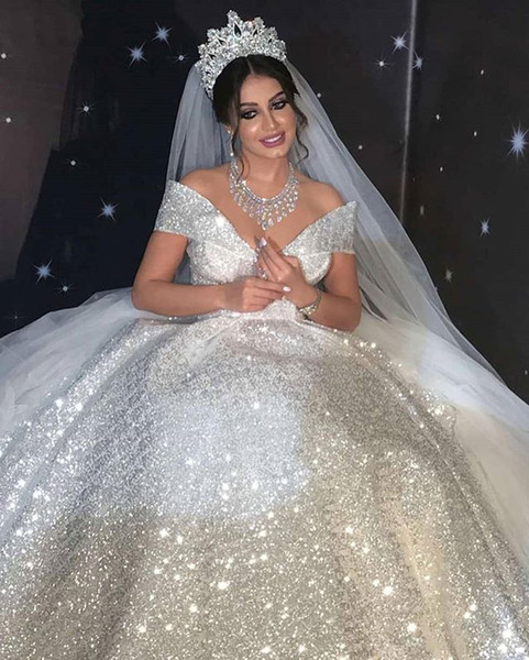 Gorgeous Off The Shoulder Wedding Dresses Zipper Back Shining Sequins Dubai Arabic Style Bridal Gown Custom Made Hot Sale