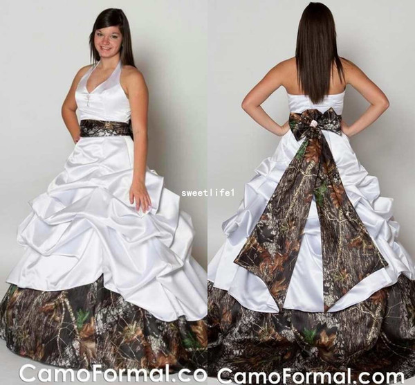 Plus Size Camo Wedding Dresses Halter Neck Chapel Train Satin Bridal Dress Custom Made Real Tree Romantic Bridal Gowns