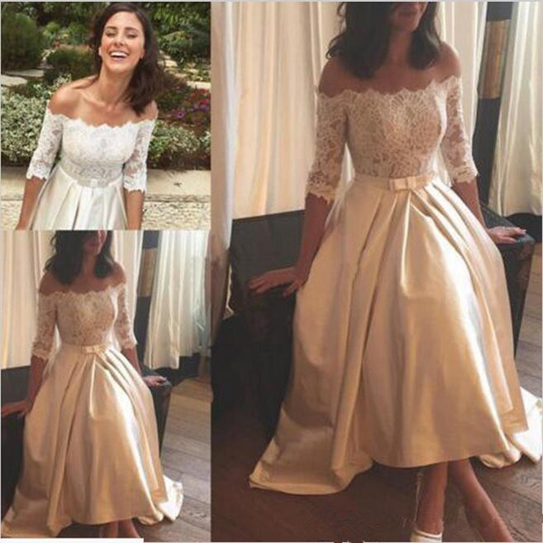 Half Lace Sleeve Ivory Satin Wedding Dresses Short 2017 Elegant Off Shoulder Bow Boho Bridal Wedding Gowns Tea Length