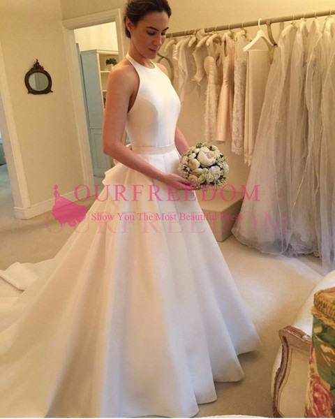 Gorgeous White Satin Halter Neck Wedding Dresses A Line Sweep Train Bridal Gown For Church Garden Wedding Custom Made