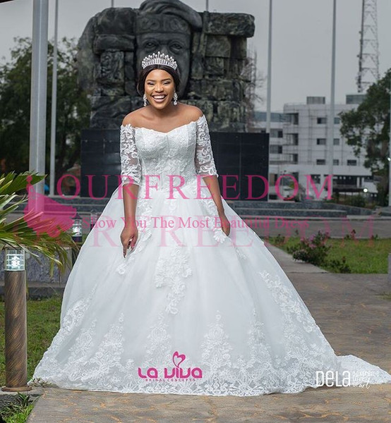 Gorgeous off The Shoulder Wedding Dresses Half Sleeve Lace Appliques A Line Puffy Tulle Lace Up Back South Africa Style Bridal Gowns