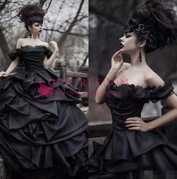 Gothic Black A Line Wedding Dresses New Off The Shoulder Tiered Skirts Lace Appliques Long Garden Boho Vintage Bridal Gowns Custom Made