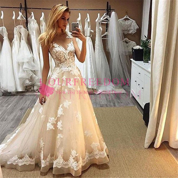 Champagne Tulle Lace Wedding Dresses A Line V Neck White Appliques Sweep Train Country Wedding Bridal Gowns Custom Made