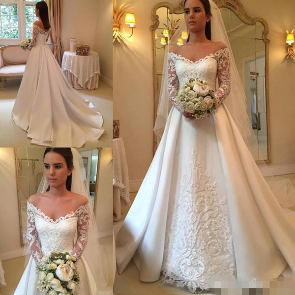 Newest V-neck Long Sleeve Wedding Dresses Button up Back Chapel Train Lace Bridal Wedding Gowns Bride Dresses Vestido De Novia