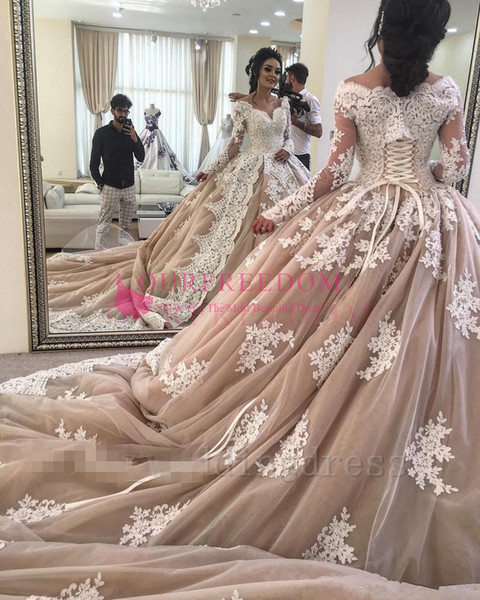 Champagne Lace Tulle Wedding Dresses Long Sleeve White Lace Applique Back Lace Up Castle Bridal Gown Custom Made Hot Sale