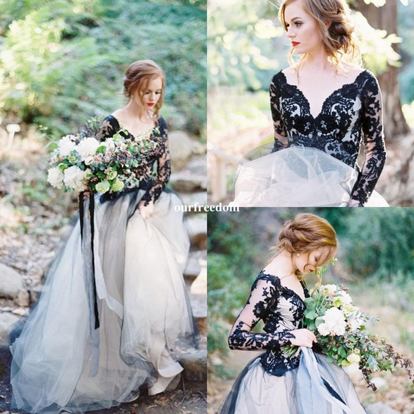 Newest Black Wedding Dresses With Long Sleeve V Neck A Line Lace Appliques Puffy Tulle Backless Rustic Style Bridal Gown Custom Made