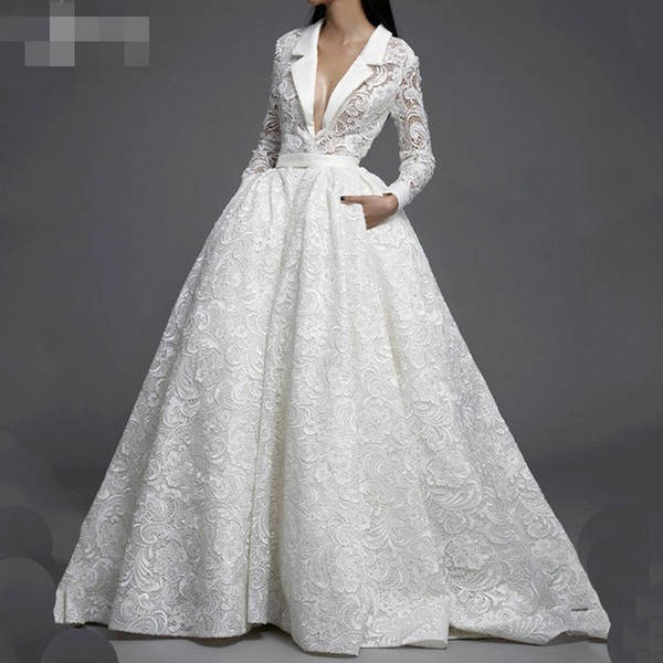 Vintgae High End Lace Wedding Dresses Full Sleeves Modest A-line Bridal Gowns With Pocket Deep V-neck Robe De Soiree Custom Made