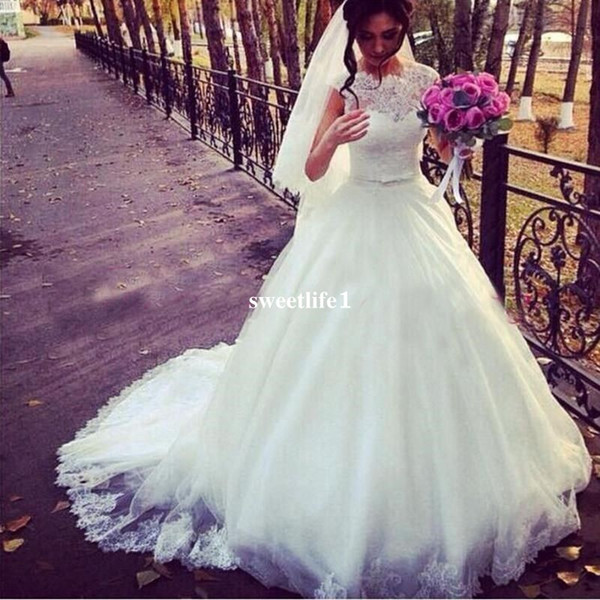 Modest A Line Wedding Dresses Sheer Jewel Neck Lace Top Puffy Tulle Waist With Sash Country Style Chic Bridal Gown Custom Made Hot Sale