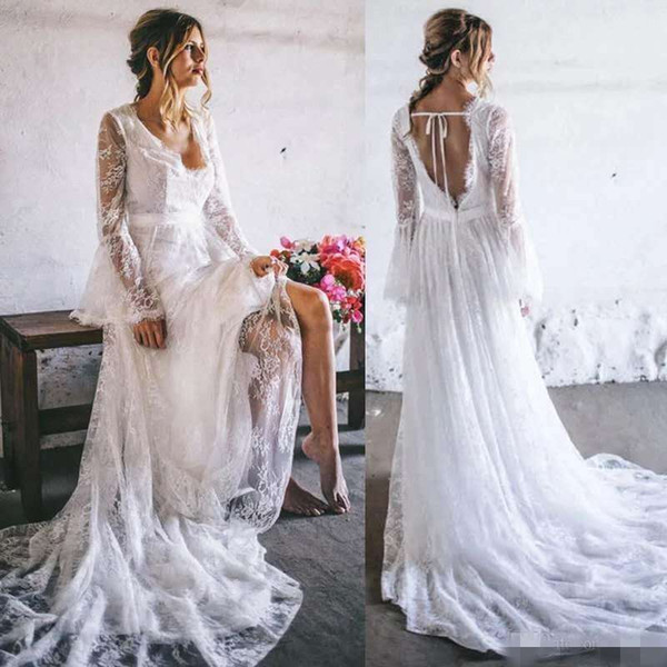 Newest Boho Beach Wedding Dress Lace Flare Sleeve Bridal Gowns Sexy V Neck Backless High Quality Vestido De Noiva