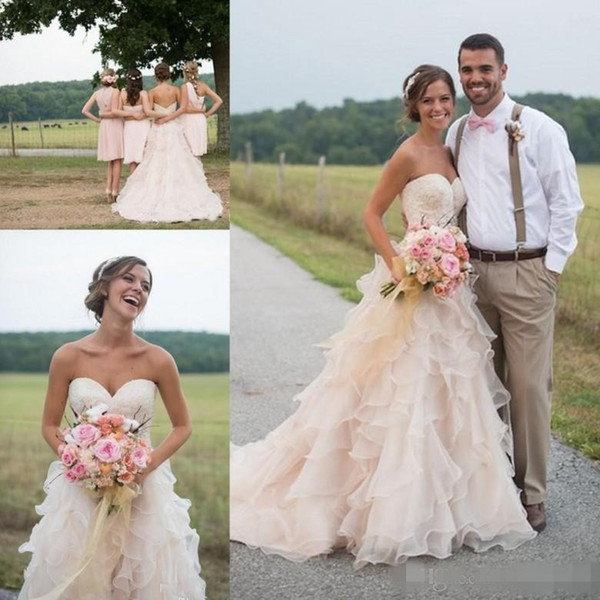 Modest Blush Pink Country Wedding Dresses with Ruffles Skirt Sweetheart Lace Organza Vintage Bridal Gowns Plus Size Wedding Dress Cheap