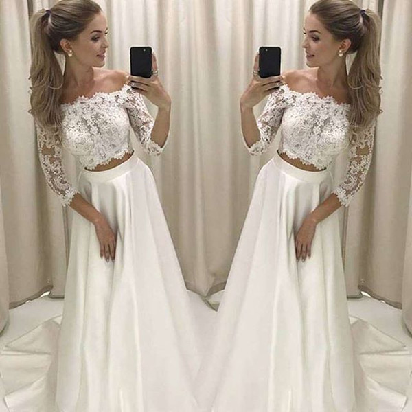 New White Two Piece Wedding Dresses A Line 3/4 Long Sleeve A Line Boho Beach Garden Wedding Dresses Bridal Gown Custom Made