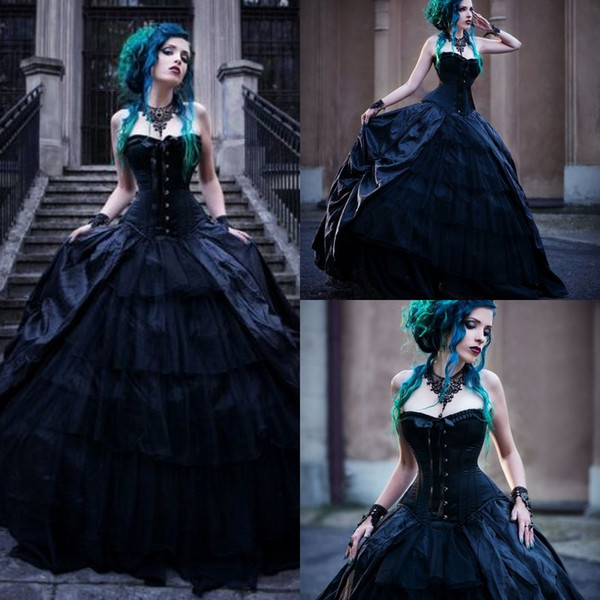 Black Romantic Gothic Wedding Dresses Strapless A Line Long Lace Up Back Vintage Bridal Dresses Custom Made