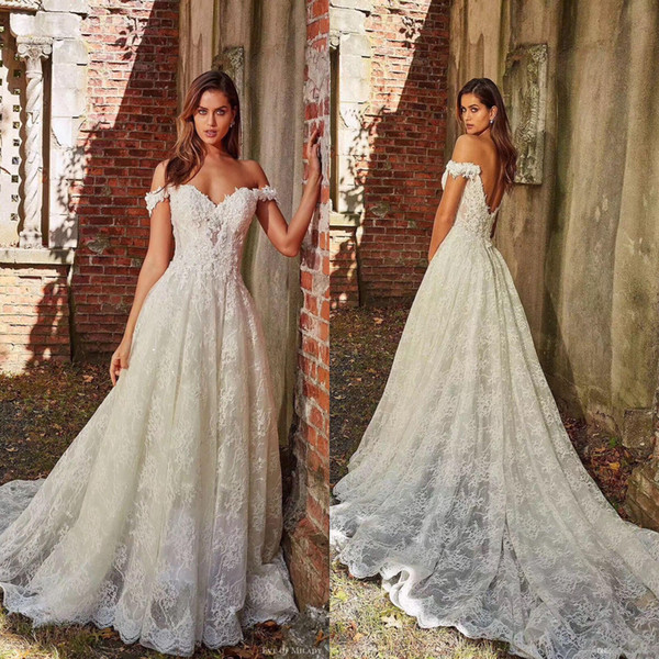 Hot off the Shoulder Lace Wedding Dresses A-Line Appliques with Court Train Long Bridal Gown Sexy Back Wedding Gown