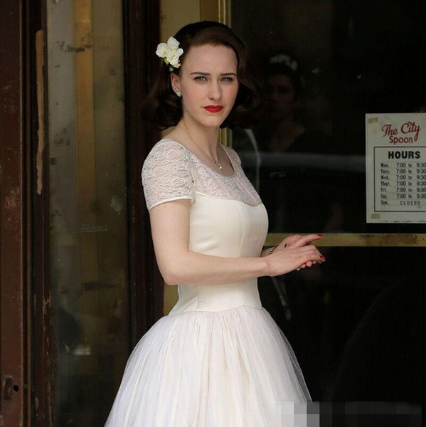 The Marvelous Mrs. Maisel retro wedding dress 50s wedding dresses Illusion Neckline short Sleeves Lace top tulle skirt ivory bridal gown