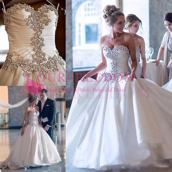 Princess Style A Line Wedding Dresses Rhinestones Crystal Royal Satin Lace Up Back Church Wedding Dresses Bridal Gown