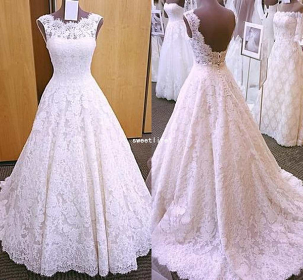 Wedding Dresses Vintage Cap Sleeves Open Back Lace A Line Brush Train Cover Button Full Lace Bridal Gown Vesdios