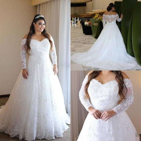 Plus Size Wedding Dresses Off The Shoulder Sheer Long Sleeves Latest Bridal Gowns A Line Illusion Back Sweep Train Wedding Dress