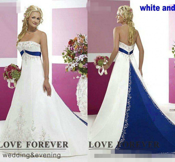 Vintage Style Plus Size Wedding Dresses Silver Embroidery On Satin White and Royal Blue Floor Length Bridal Gowns Custom Made