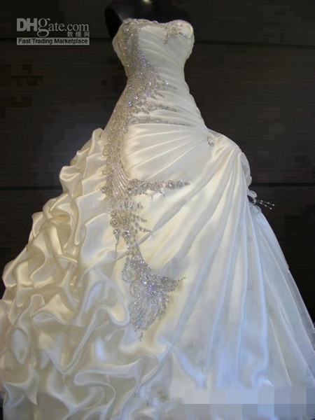 Gorgeous A Line Strapless Crystal Wedding Dresses Ruffles Crystal Beaded Beautiful Bridal Gowns Vintage Wedding Dress