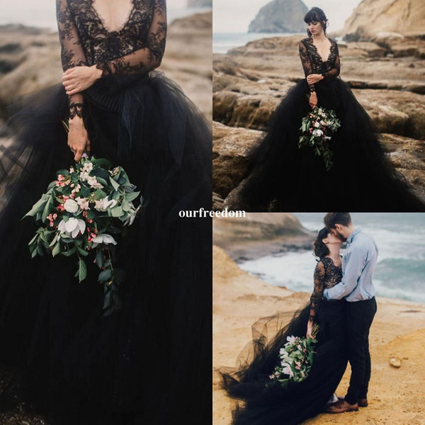 Black Wedding Dresses Long Sleeve Sexy V Neck Cover Back Puffy Tulle A Line Bridal Gown Bohemian Beach Style Cheap Hot Sale