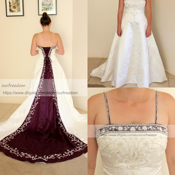 Newest Real Image Purple White Satin Wedding Dresses A Line Embroidery Spaghetti Straps Plus Size Wedding Bridal Gown Custom Made