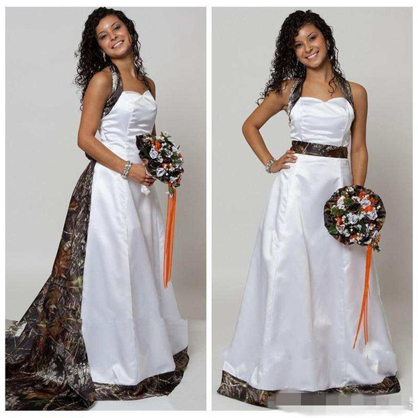 Halter Camo A-Line Wedding Dresses With Detachable Chapel Train Long Formal Bridal Gowns Custom Made