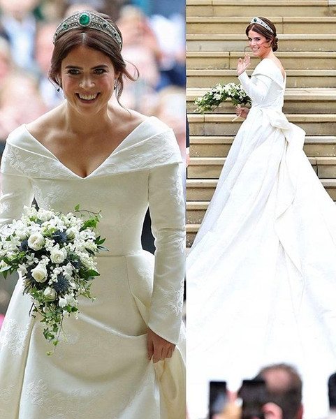 Princess Eugenie Off The Shoulder Long Sleeve Wedding Dresses Satin Sweep Train Church Bridal Gown Custom Made