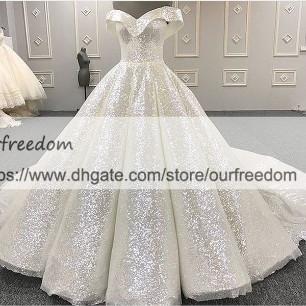 Shining Sequins Off The Shoulder Wedding Dresses A Line Sweep Train Gorgeous Dubai Arabic Style Castle Bridal Gown Custom Made Hot Sale